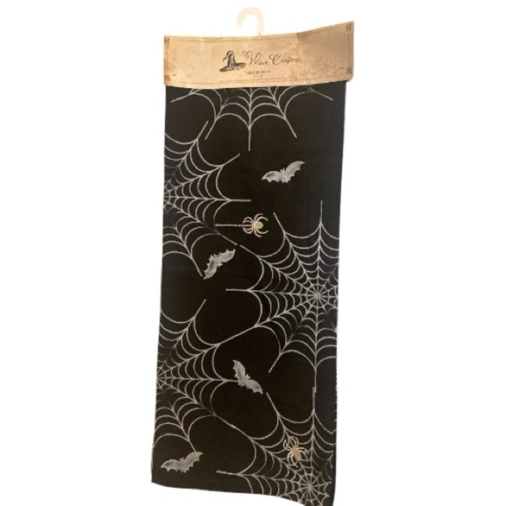 Halloween Silver & Black Spider Webs & Bats w/ Embroidered Spiders Table Runner